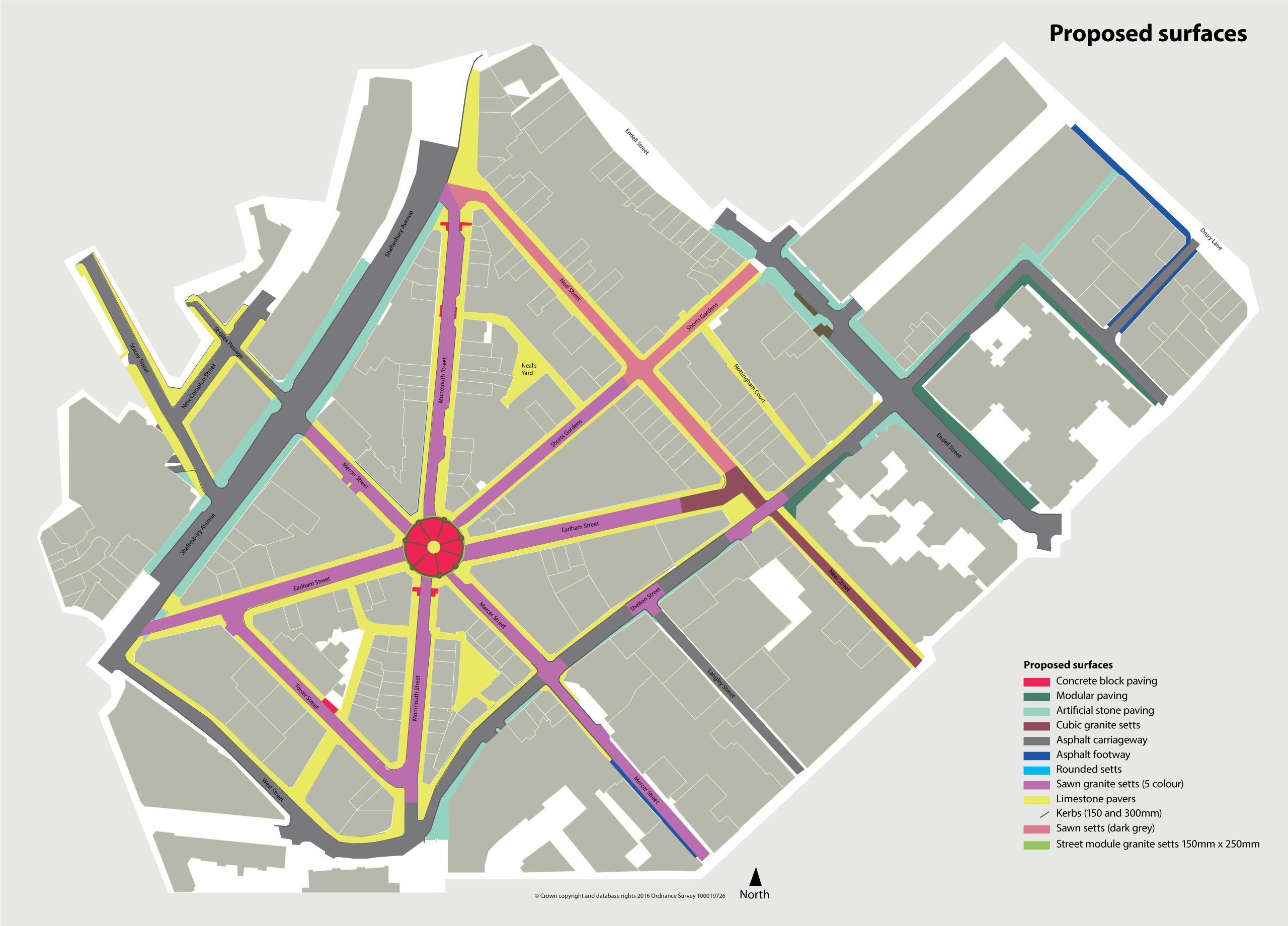 Diagram showing proposed street finishes in core Seven Dials area