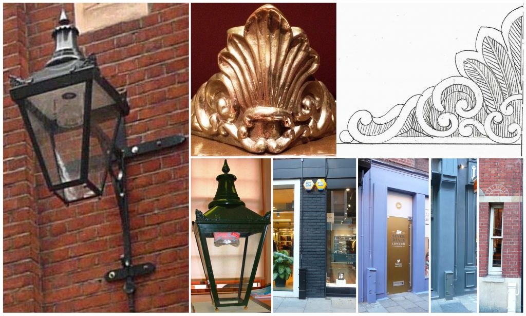 Montage of photographs and drawings of bespoke Covent Garden lantern showing design and installed.