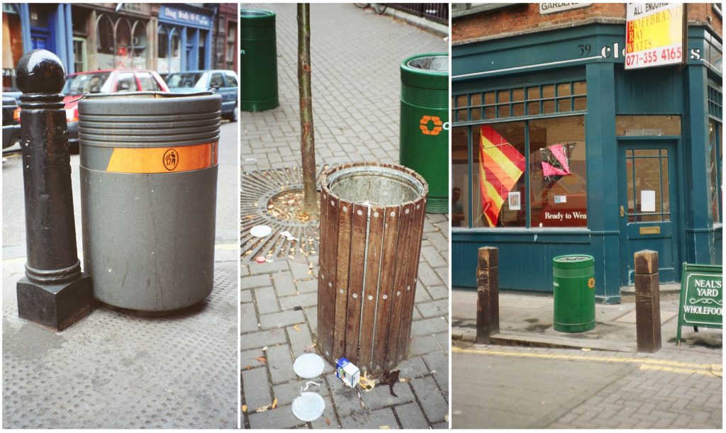 Montage of photographs of different types of rubbish bin and bollards used before rationalisation
