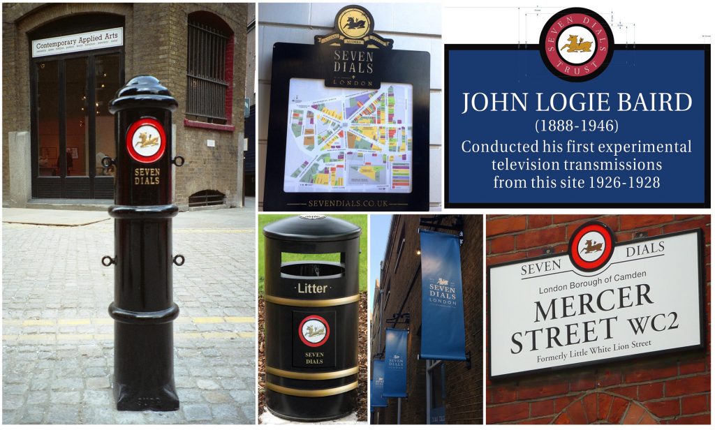 Montage of examples of the Golden Hind symbol used on street furniture including bollards, bins, street name plates and People's Plaques.
