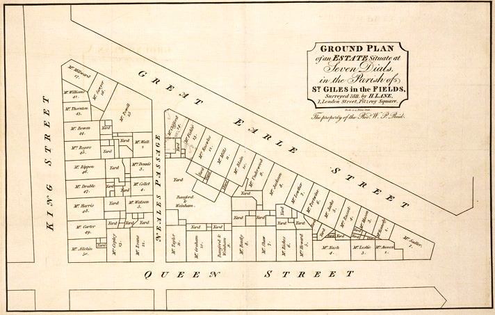 Drawing of one triangular section of Seven Dials from 1811