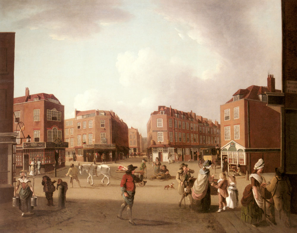 William Hodge's painting of Seven Dials, 1776, just after the removal of the Sundial Pillar