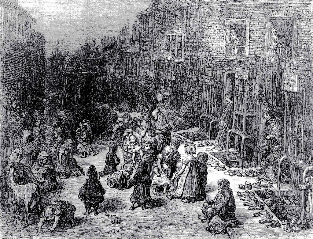 Gustav Dore's drawing 1860, of what is now Shaftesbury Avenue, showing pavement trading.
