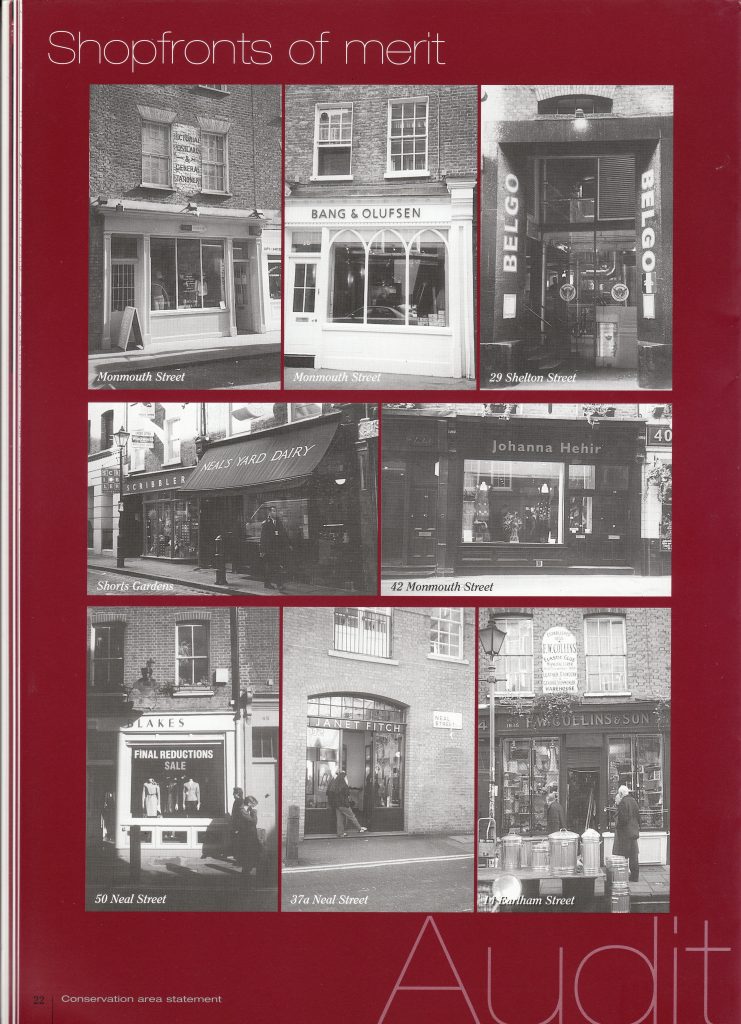 Page from Camden Council's Seven Dials Conservation Area Statement showing shopfronts of merit.