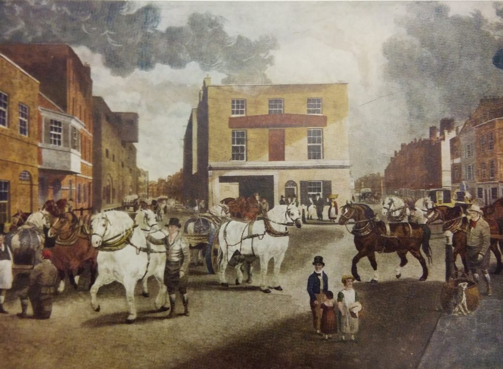 Painting of the Combe Delafield Brewery c 1830, with dray horses in the foreground
