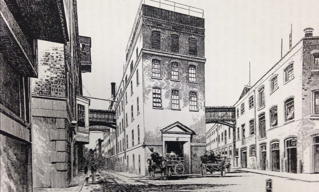 Drawing of the Woodyard Brewery, 1888. Showing the now vanished linking bridges across Shelton Street and Earlham Street