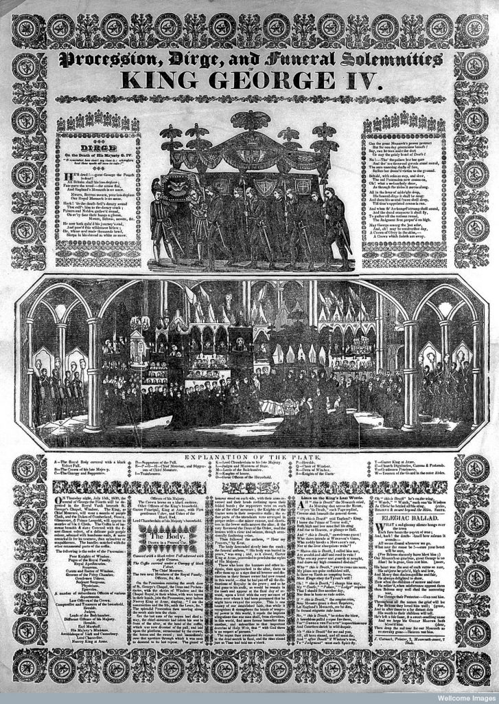 Photograph of 19th century broadsheet with title Procession, Dirge and Funeral Solemnities of George IV