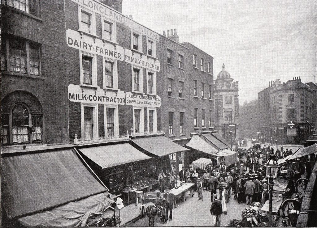 Photograph of market in Earlham Street 1896