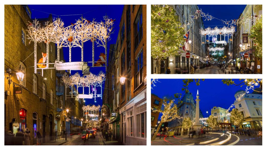 Collage of Christmas street decorations and lights