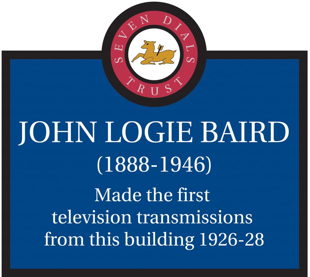 Artwork for the People's Plaque to John Logie Baird. Text reads John Logie Baird (1888-1946) Made the first television transmissions from this building 1926-28