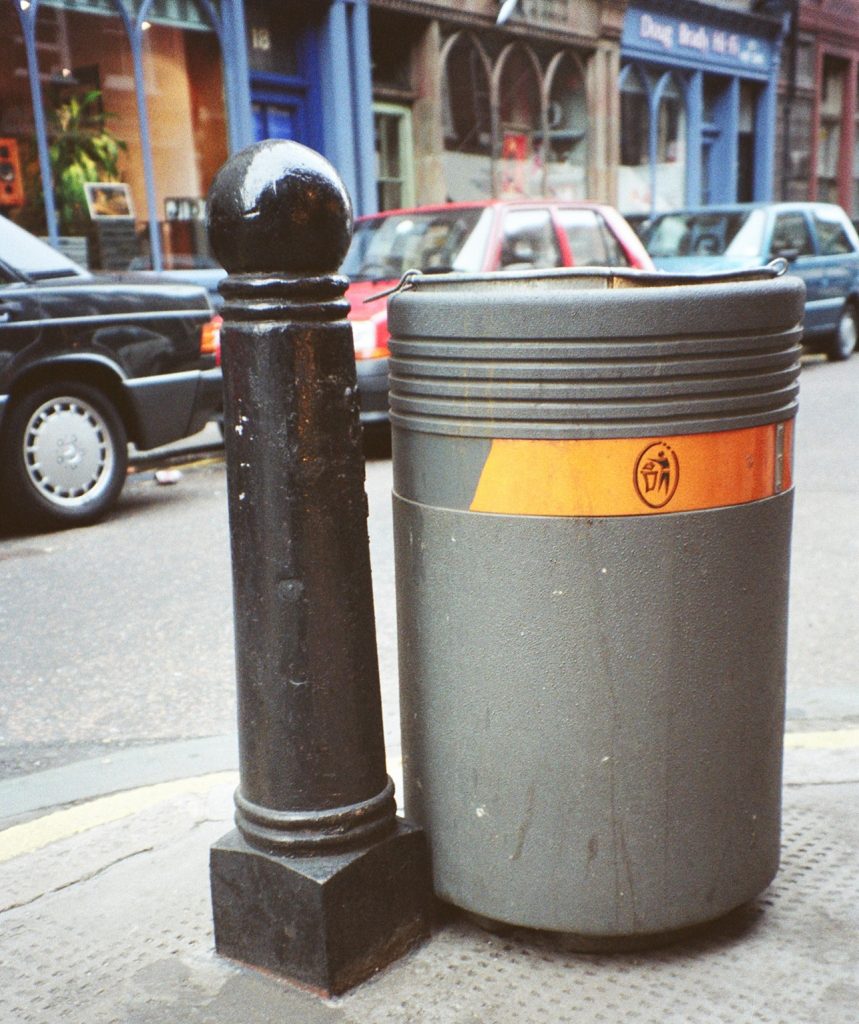 Photograph of bollard and litter bin