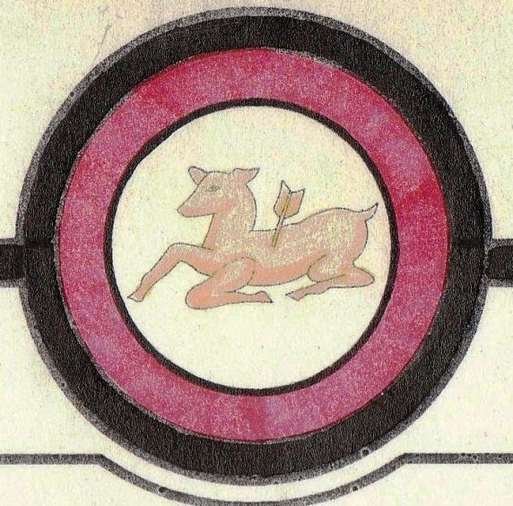 Drawing of the St Giles Parish symbol of the Golden Hind. A golden deer pierced by an arrow, sitting within a red circle outlined in black.