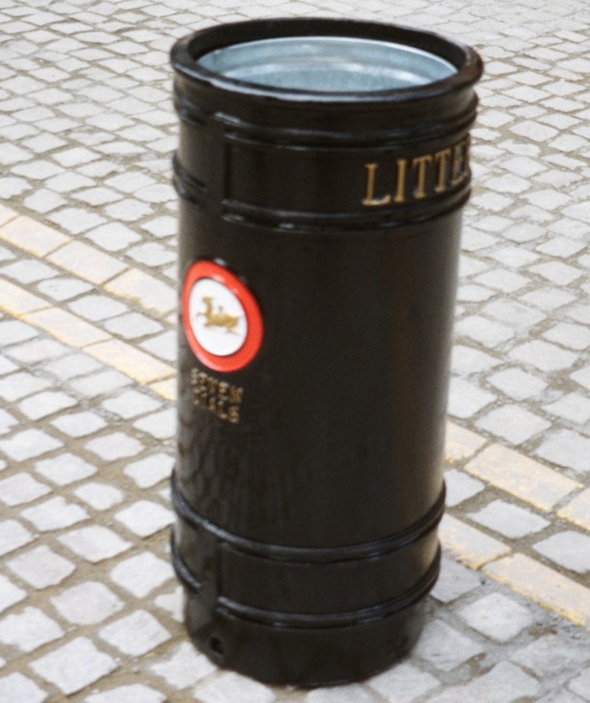 bespoke Seven Dials litter bin with Seven Dials in gold, gold bands and Golden Hind motif in gold, red and white.