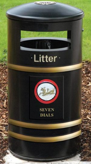 bespoke Seven Dials litter bin with Seven Dials in gold, gold bands and Golden Hind motif in gold, red and white.